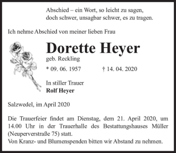 Traueranzeige von Dorette Heyer (geb. Reckling)  von Magdeburger Volksstimme