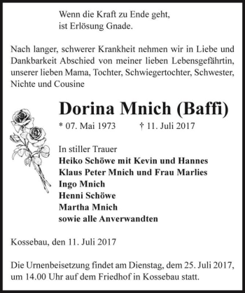 Traueranzeige von Dorina Mnich (Baffi)  von Magdeburger Volksstimme
