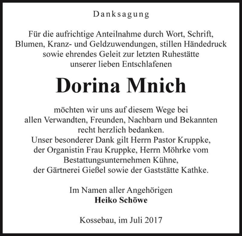  Traueranzeige für Dorina Mnich  vom 01.08.2017 aus Magdeburger Volksstimme