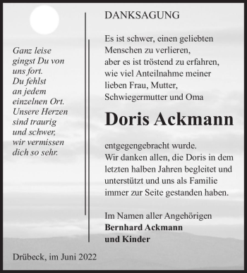 Traueranzeige von Doris Ackmann  von Magdeburger Volksstimme