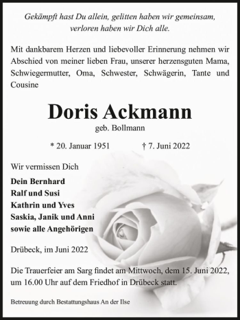 Traueranzeige von Doris Ackmann (geb. Bollmann)  von Magdeburger Volksstimme