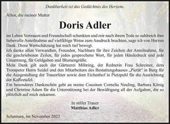 Traueranzeige von Doris Adler  von Magdeburger Volksstimme