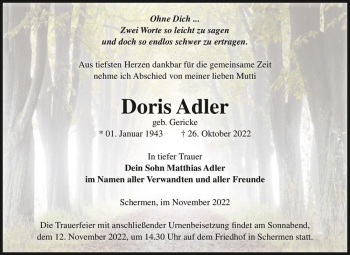 Traueranzeige von Doris Adler (geb. Gericke)  von Magdeburger Volksstimme