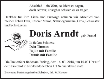 Traueranzeige von Doris Arndt (geb. Franzl)  von Magdeburger Volksstimme
