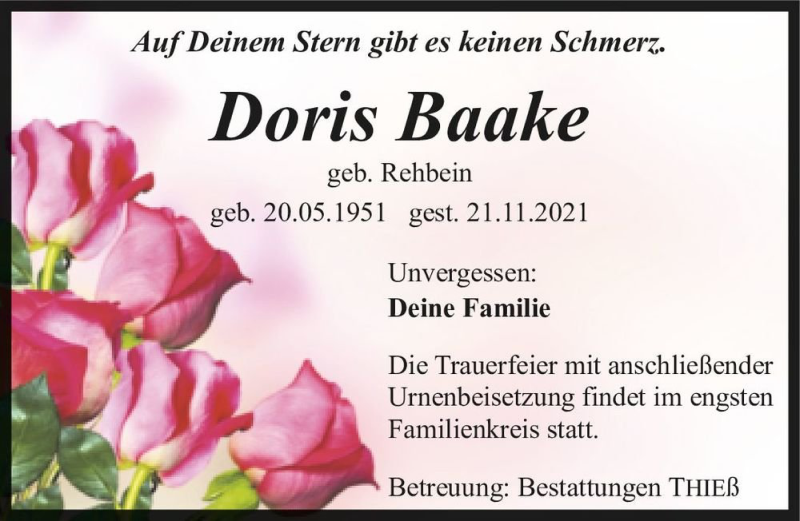  Traueranzeige für Doris Baake (geb. Rehbein)  vom 11.12.2021 aus Magdeburger Volksstimme