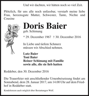 Traueranzeige von Doris Baier (geb. Schimang)  von Magdeburger Volksstimme