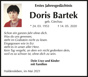 Traueranzeige von Doris Bartek (geb. Giechau)  von Magdeburger Volksstimme