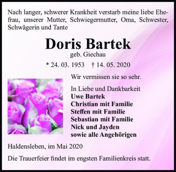 Traueranzeige von Doris Bartek (geb. Giechau)  von Magdeburger Volksstimme