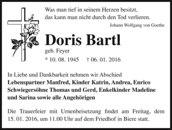 Traueranzeige von Doris Bartl (geb. Feyer)  von Magdeburger Volksstimme