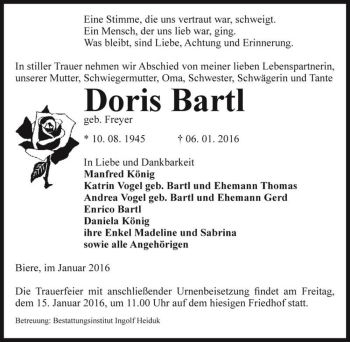 Traueranzeige von Doris Bartl (geb. Freyer)  von Magdeburger Volksstimme