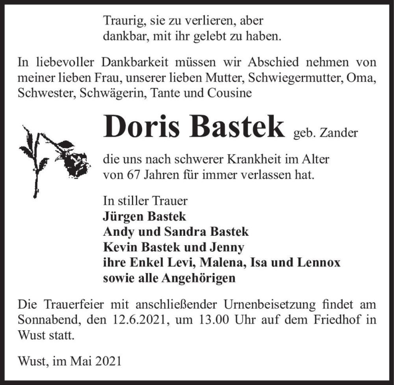  Traueranzeige für Doris Bastek (geb. Zander)  vom 05.06.2021 aus Magdeburger Volksstimme