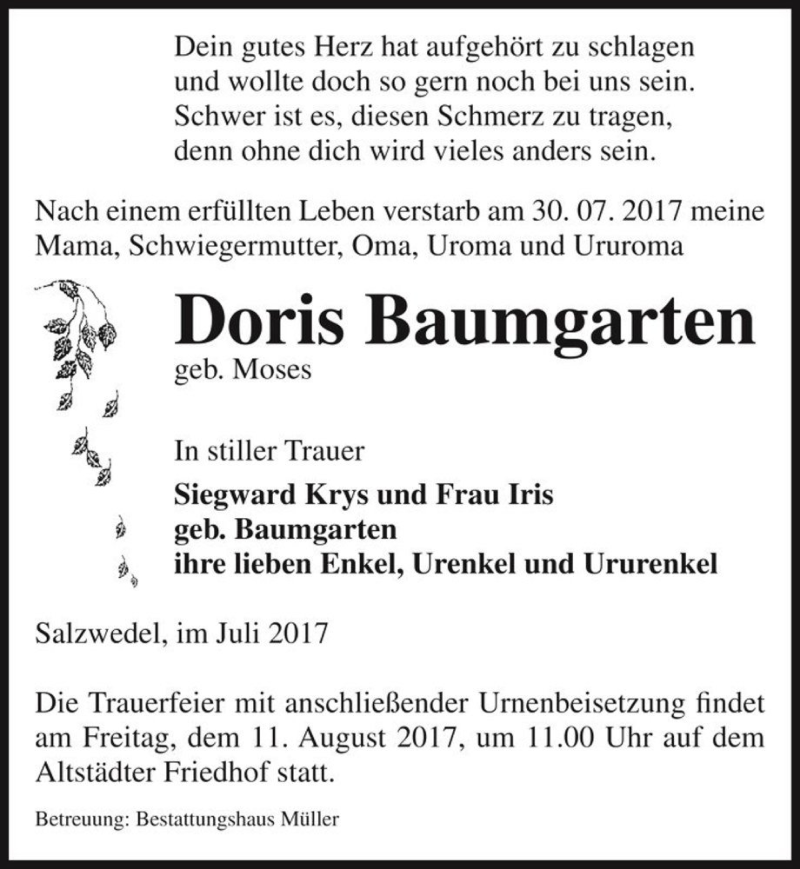  Traueranzeige für Doris Baumgarten (geb. Moses)  vom 02.08.2017 aus Magdeburger Volksstimme