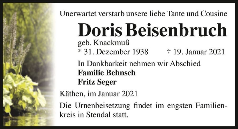  Traueranzeige für Doris Beisenbruch (geb. Knackmuß)  vom 29.01.2021 aus Magdeburger Volksstimme