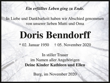 Traueranzeige von Doris Benndorff  von Magdeburger Volksstimme