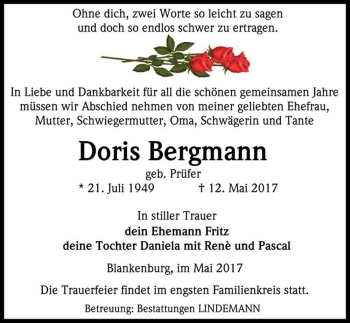 Traueranzeige von Doris Bergmann (geb. Prüfer)  von Magdeburger Volksstimme