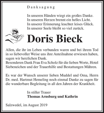 Traueranzeige von Doris Bieck  von Magdeburger Volksstimme