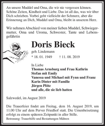 Traueranzeige von Doris Bieck (geb. Lindemann)  von Magdeburger Volksstimme