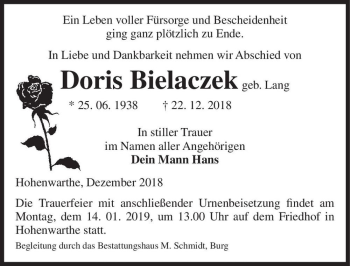 Traueranzeige von Doris Bielaczek (geb. Lang)  von Magdeburger Volksstimme