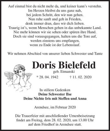 Traueranzeige von Doris Bielefeld (geb. Etmanski)  von Magdeburger Volksstimme