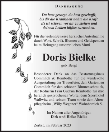 Traueranzeige von Doris Bielke (geb. Bergt)  von Magdeburger Volksstimme