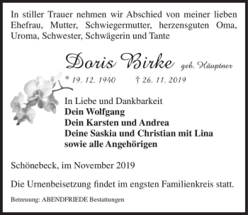 Traueranzeige von Doris Birke (geb. Häuptner)  von Magdeburger Volksstimme