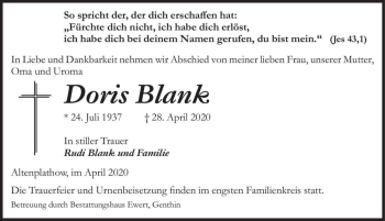 Traueranzeige von Doris Blank  von Magdeburger Volksstimme