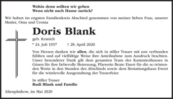 Traueranzeige von Doris Blank (geb. Kranich)  von Magdeburger Volksstimme