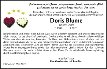 Traueranzeige von Doris Blume (geb. Dodo)  von Magdeburger Volksstimme