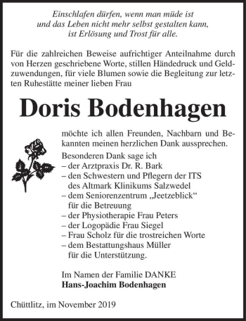 Traueranzeige von Doris Bodenhagen  von Magdeburger Volksstimme