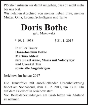 Traueranzeige von Doris Bothe (geb. Makowski)  von Magdeburger Volksstimme