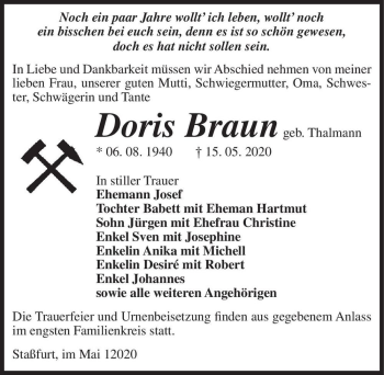 Traueranzeige von Doris Braun (geb. Thalmann)  von Magdeburger Volksstimme