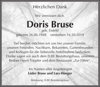 Traueranzeige von Doris Bruse (geb. Eisfeld)  von Magdeburger Volksstimme