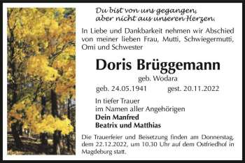 Traueranzeige von Doris Brüggemann (geb. Wodara)  von Magdeburger Volksstimme