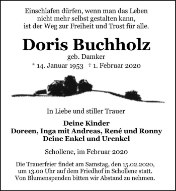 Traueranzeige von Doris Buchholz (geb. Damker)  von Magdeburger Volksstimme