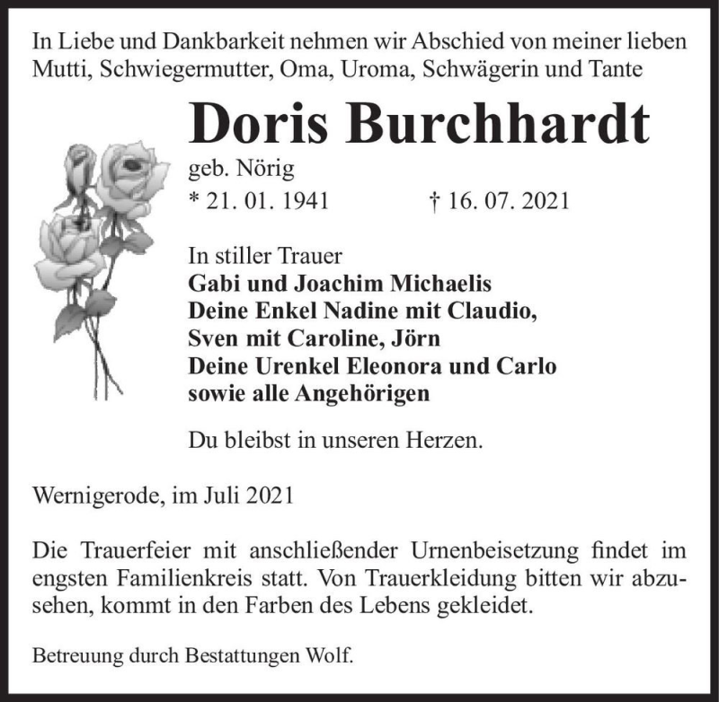  Traueranzeige für Doris Burchhardt (geb. Nörig)  vom 24.07.2021 aus Magdeburger Volksstimme