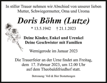 Traueranzeige von Doris Böhm (Lutze)  von Magdeburger Volksstimme