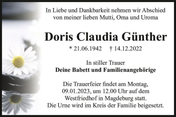 Traueranzeige von Doris Claudia Günther  von Magdeburger Volksstimme