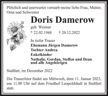 Traueranzeige von Doris Damerow (geb. Weimar)  von Magdeburger Volksstimme