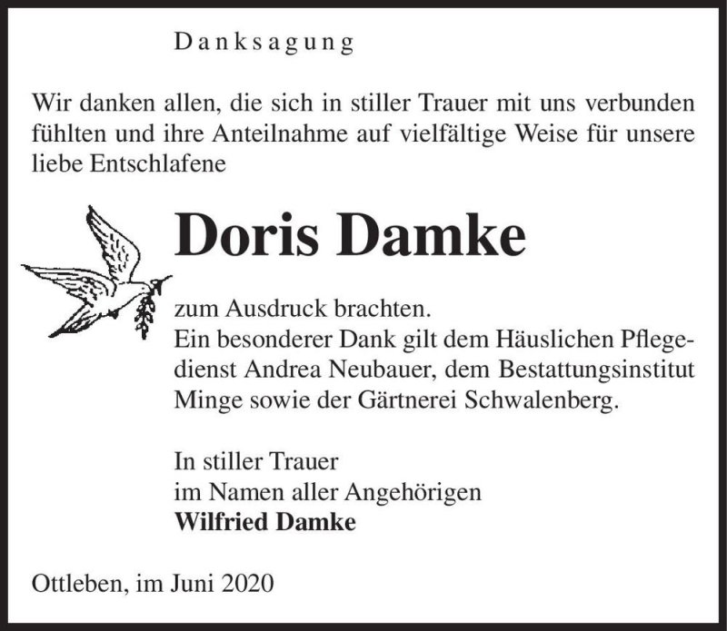 Traueranzeige für Doris Damke  vom 30.06.2020 aus Magdeburger Volksstimme