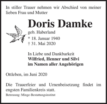 Traueranzeige von Doris Damke (geb. Haberland)  von Magdeburger Volksstimme
