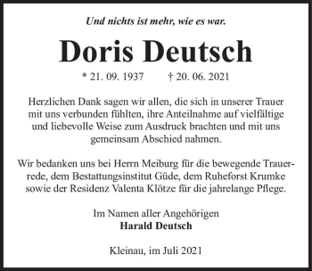 Traueranzeige von Doris Deutsch  von Magdeburger Volksstimme