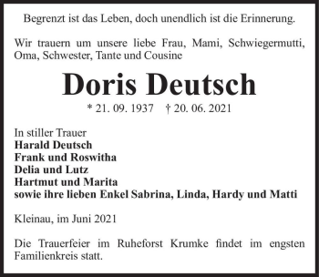 Traueranzeige von Doris Deutsch  von Magdeburger Volksstimme