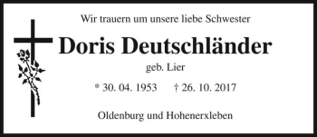 Traueranzeige von Doris Deutschländer (geb. Lier)  von Magdeburger Volksstimme