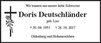 Traueranzeige von Doris Deutschländer (geb. Lier)  von Magdeburger Volksstimme