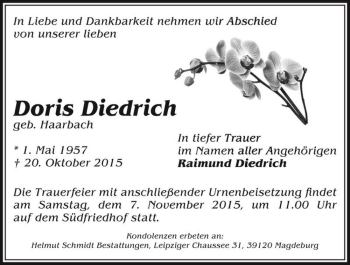 Traueranzeige von Doris Diedrich (geb. Haarbach)  von Magdeburger Volksstimme