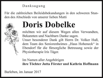 Traueranzeige von Doris Dobelke  von Magdeburger Volksstimme