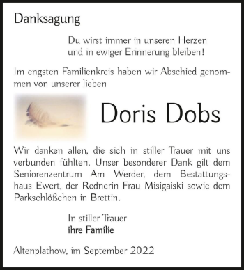 Traueranzeige von Doris Dobs  von Magdeburger Volksstimme