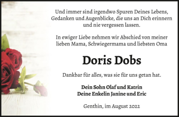 Traueranzeige von Doris Dobs  von Magdeburger Volksstimme