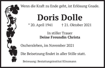 Traueranzeige von Doris Dolle  von Magdeburger Volksstimme