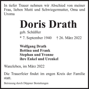 Traueranzeige von Doris Drath (geb. Schüßler)  von Magdeburger Volksstimme